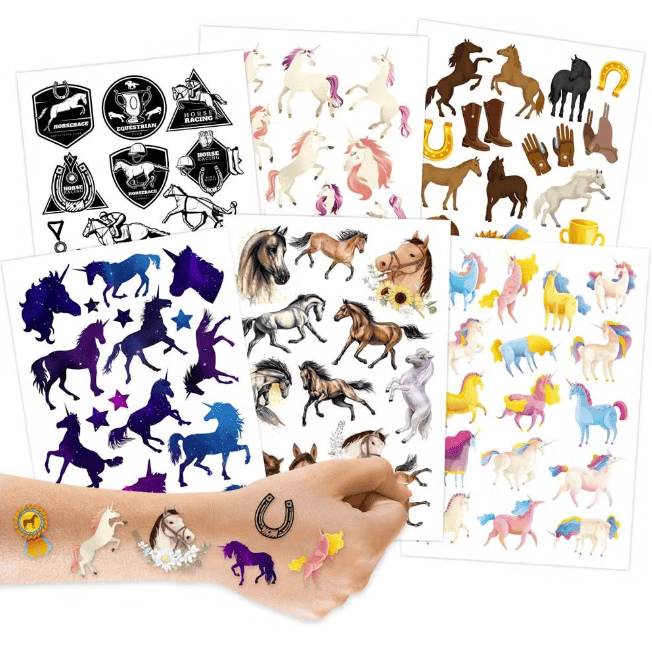 Hevoset ja yksisarviset - 6 arkkia, 100 lasten tatuointia - Papierdrachen