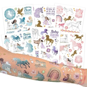 Glittertatskat yksisarviset - 6 arkkia, 100 lasten tatuointia - Papierdrachen