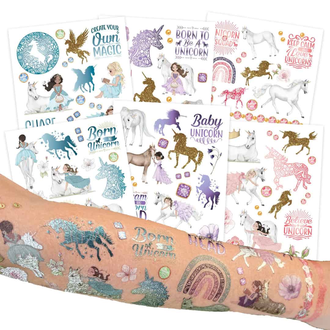 Glittertatskat yksisarviset - 6 arkkia, 100 lasten tatuointia - Papierdrachen