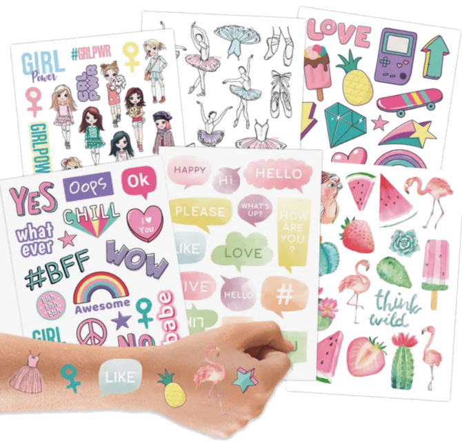 Glittertatskat pastelli - 6 arkkia, 100 lasten tatuointia - Papierdrachen