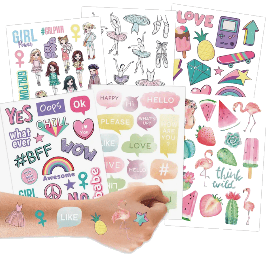 Glittertatskat pastelli - 6 arkkia, 100 lasten tatuointia - Papierdrachen