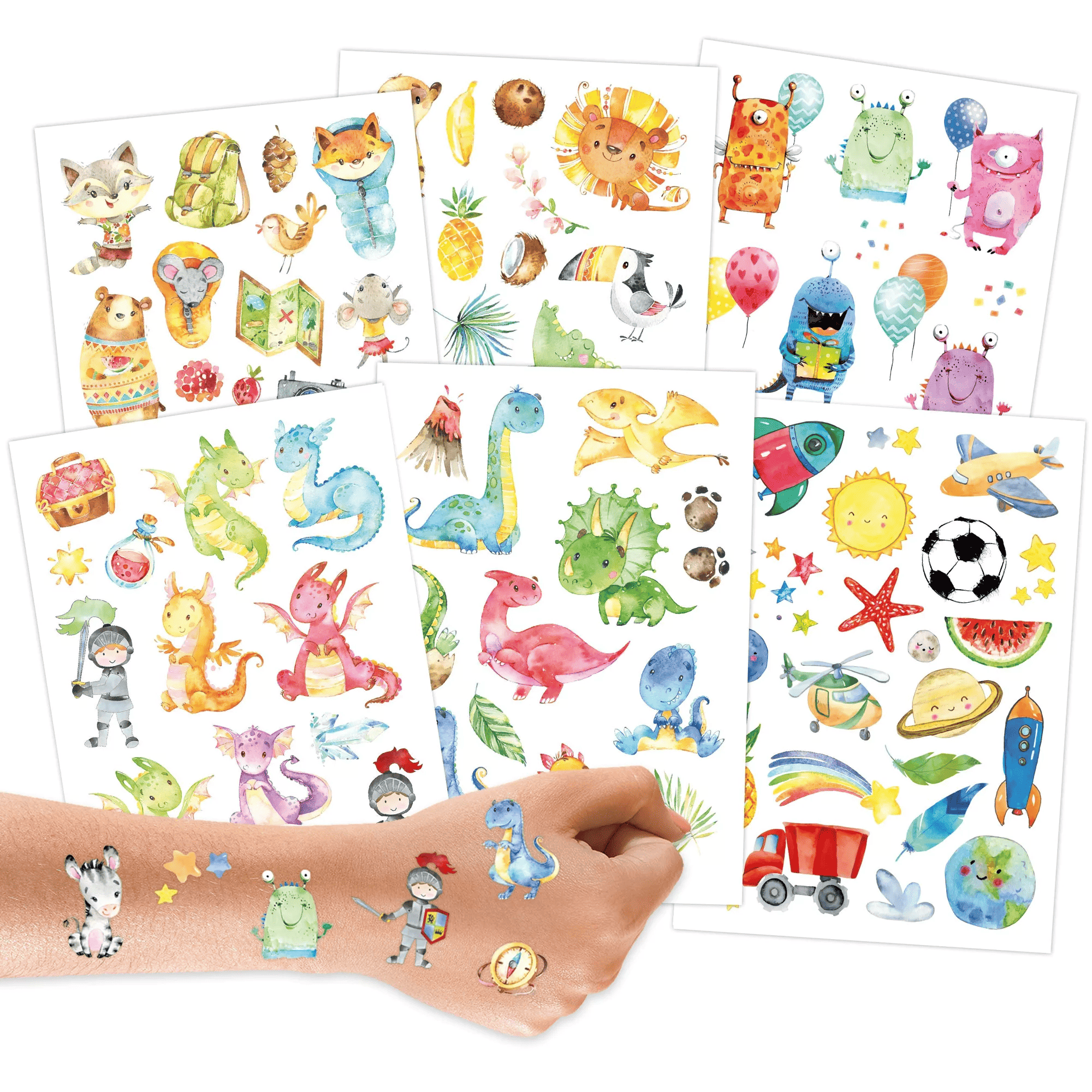 Eläimet ja oliot - 6 arkkia, 100 lasten tatuointia - Papierdrachen