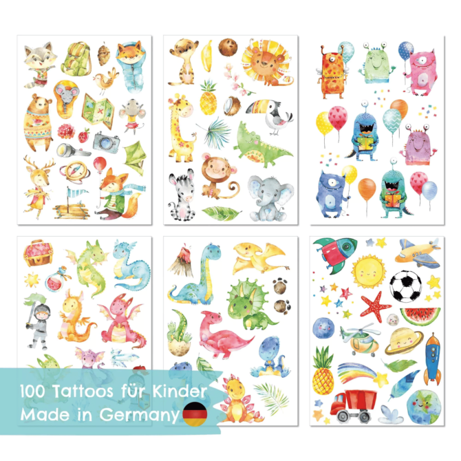 Eläimet ja oliot - 6 arkkia, 100 lasten tatuointia - Papierdrachen - Image 6